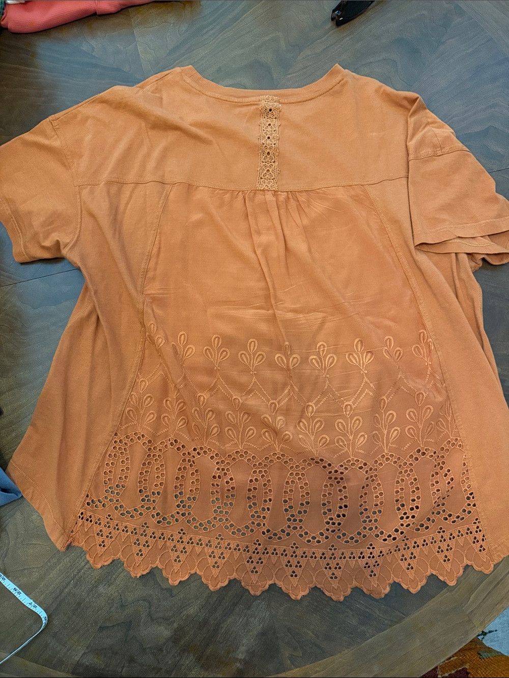 Anthropologie Tiny Brand Embroidered Lace-Trim HiLo Short Sleeve Top - Rust